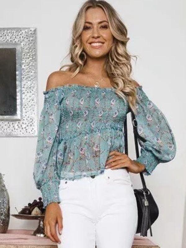 Off-The-Shoulder Print Elastic Long-Sleeved Top