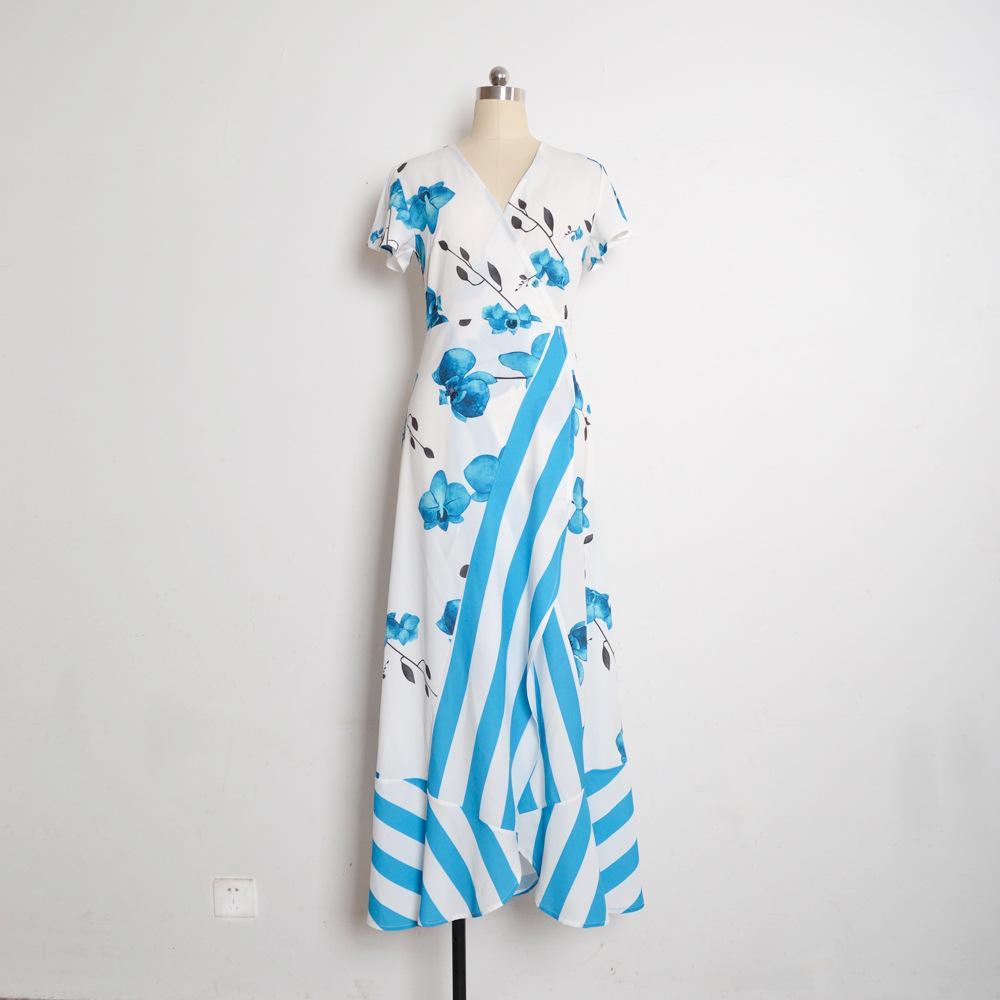 Printed V Neck Short Sleeve Bohemia Beach Maxi Dress