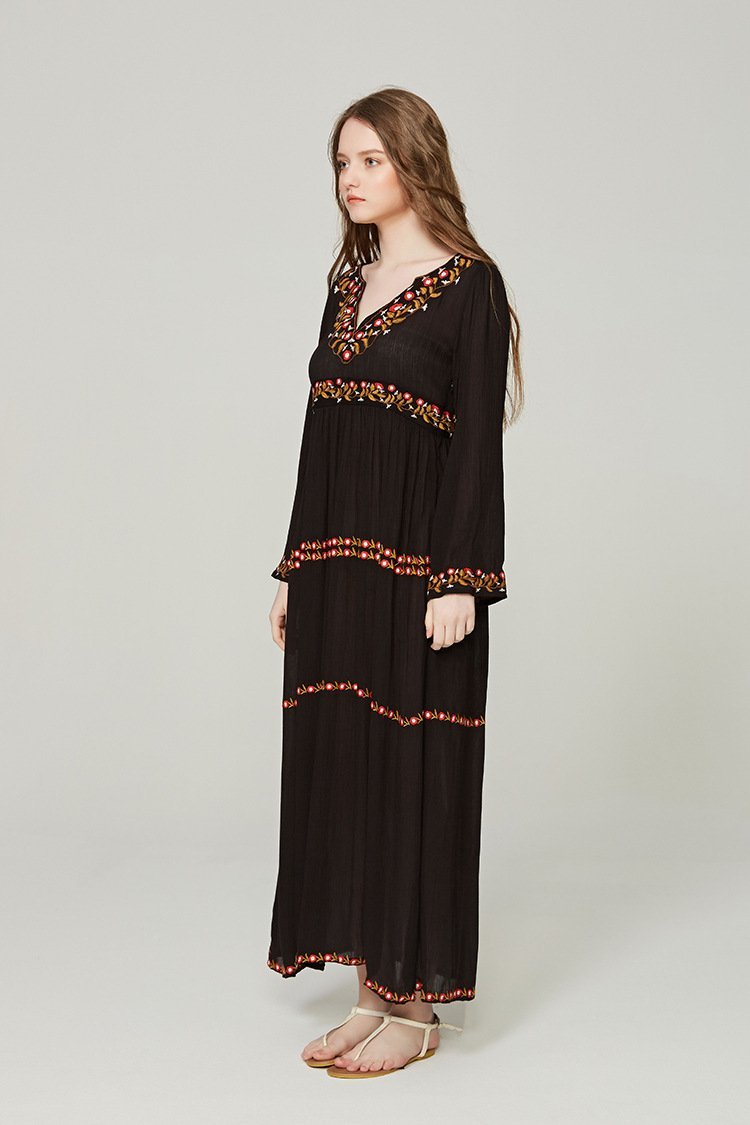 Elegant V Neck Long Sleeve Embroidered Bohemia Maxi Long Dress