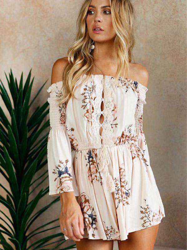 Sexy Off Shoulder Long Sleeve Floral Print Boho Rompers