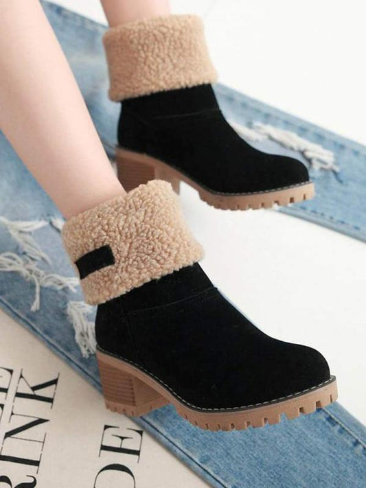 Brushed Thickness Solid Color Round Toe Flock Short Boots