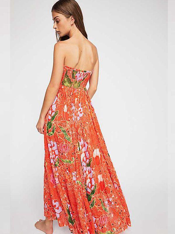 Sexy Bohemian V-Neck Print Slits Chiffon Orange Beach Dress