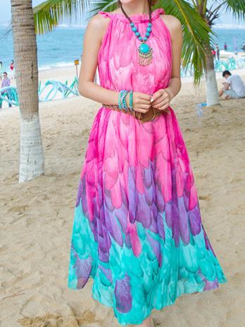 Chiffon Printed Sleeveless Plus Size Bohemia Beach Maxi Dress