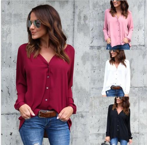 4 colors V-NECK Long Sleeve Solid color Women Shirt Cardigan