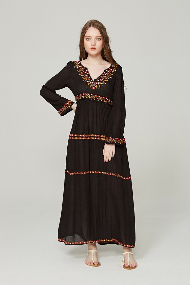 Elegant V Neck Long Sleeve Embroidered Bohemia Maxi Long Dress