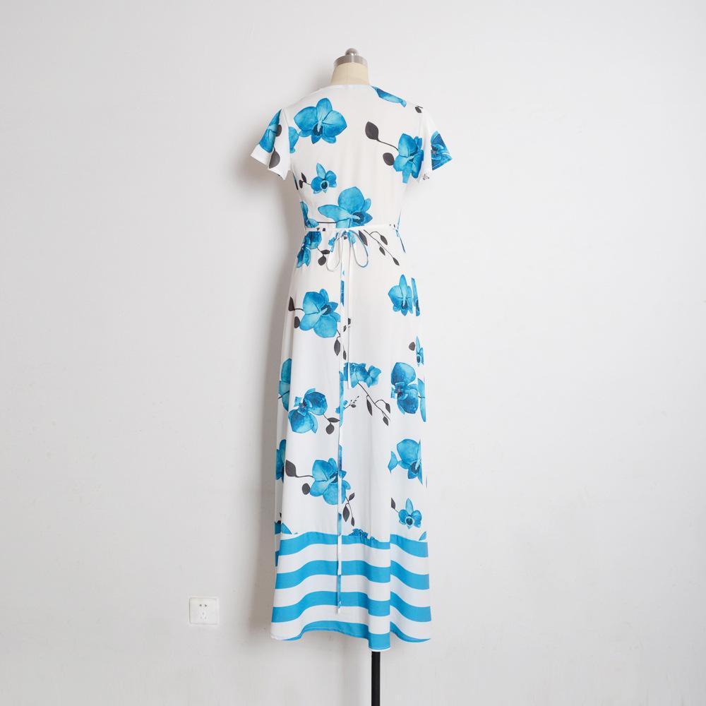 Printed V Neck Short Sleeve Bohemia Beach Maxi Dress