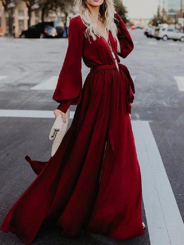 Sexy V Neck Long Sleeve Split Maxi Dress with Belt