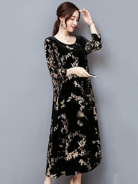 Velvet Print Round Neck Loose Maxi Dress