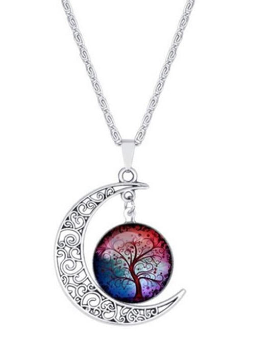 Colorful Hollow Tree of Life Necklaces Moon Pendant Necklace