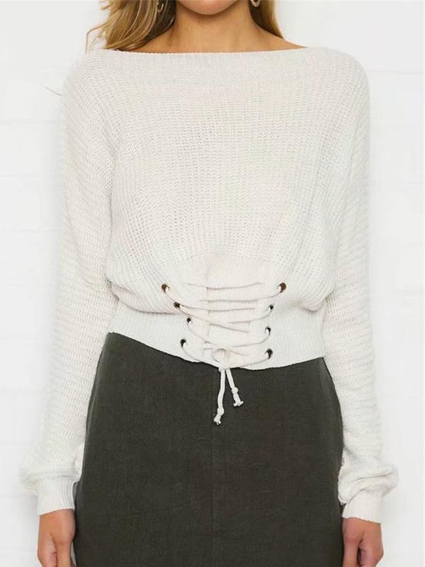 Solid Color Lace Up Pullover Sweater