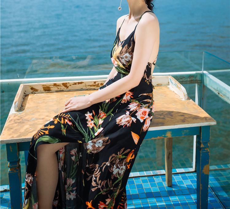 Sexy Floral Print Back Cross Split Beach Bohemia Maxi Dress