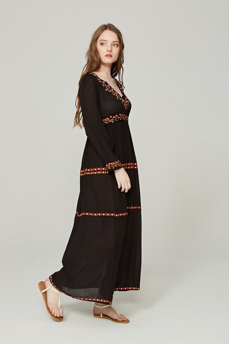 Elegant V Neck Long Sleeve Embroidered Bohemia Maxi Long Dress