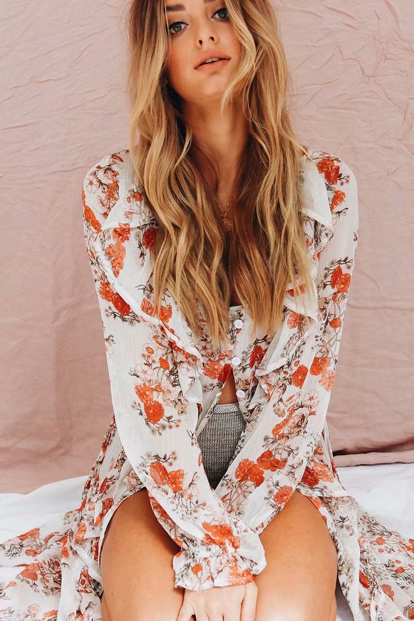 Floral Chiffon Long Sleeve Beach Maxi Dress