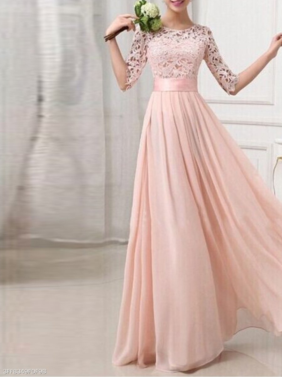 Fashion Chiffon Lace Solid Color Evening Maxi Dress