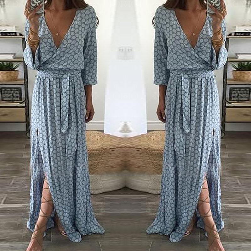 Mid Sleeve Floral Sexy V-neck Wide Hem Long Dress