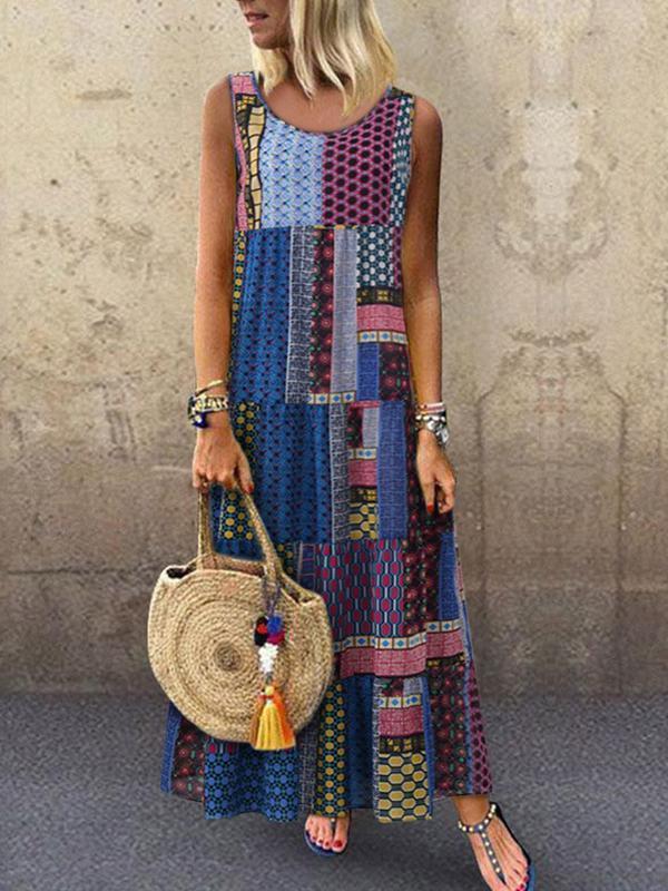 Bohemian Splicing Round Neck Sleeveless Maxi Dresses