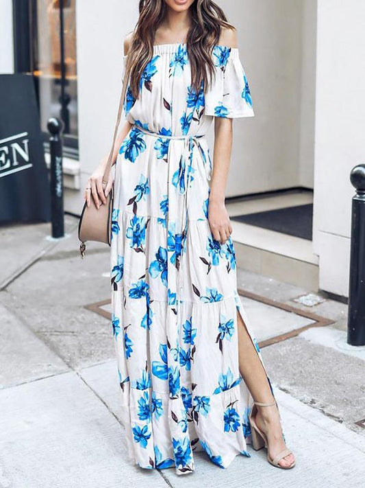 Boho Off Shoulder Side Slit Beach Long Maxi Dress