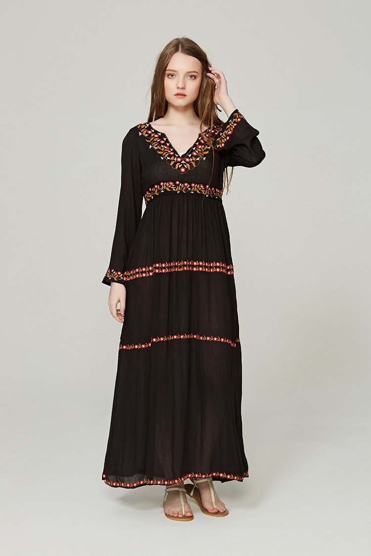 Elegant V Neck Long Sleeve Embroidered Bohemia Maxi Long Dress
