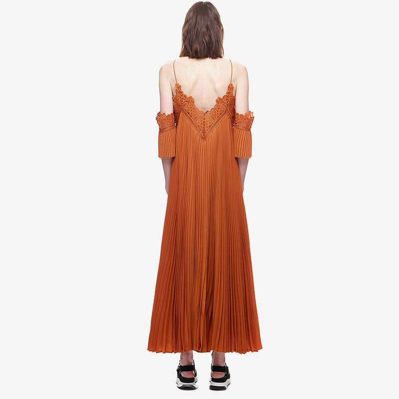 Summer Spaghetti Strap Pleated Cold Shoulder Maxi Dress