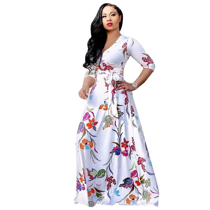 Sexy V Neck Floral Printed Big Swing Maxi Dress