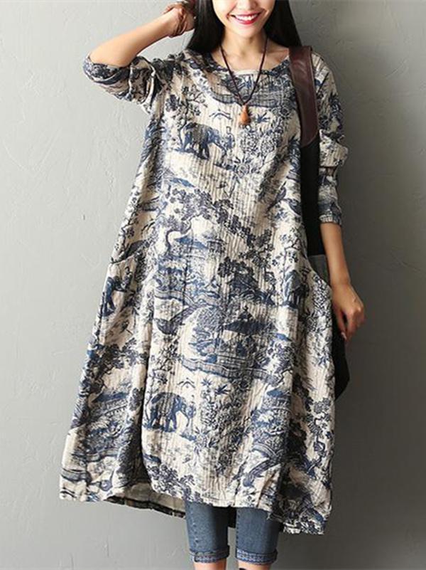 Print Loose Casual Pocket Linen Cotton Dress