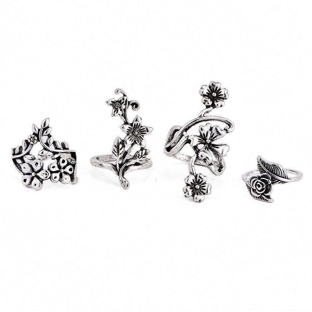 Vintage 4 Pcs Ring Set Bohemian Flower Silver Rings Punk Knuckle Ring Set