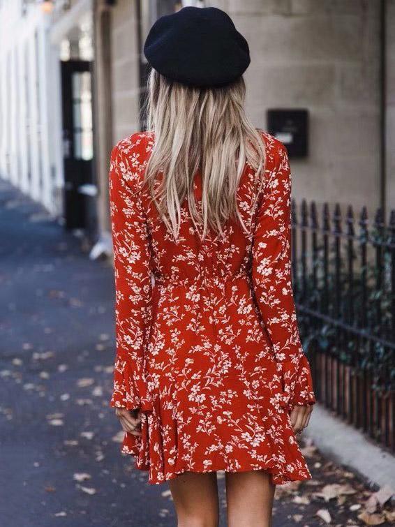 Bohemia Floral V Neck Long Sleeve Mini Dress