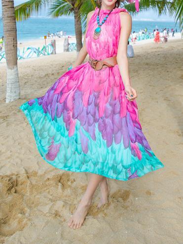 Chiffon Printed Sleeveless Plus Size Bohemia Beach Maxi Dress