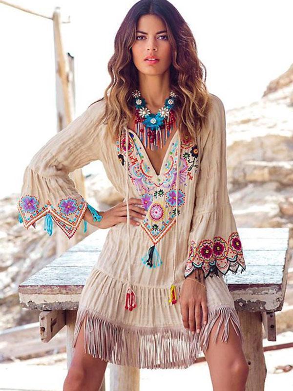 Embroidered Flared Sleeves Tassel Mini Dress