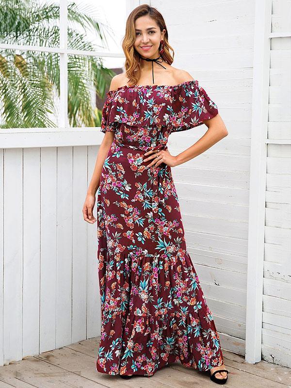 Floral Print Off Shoulder Beach Maxi Dress