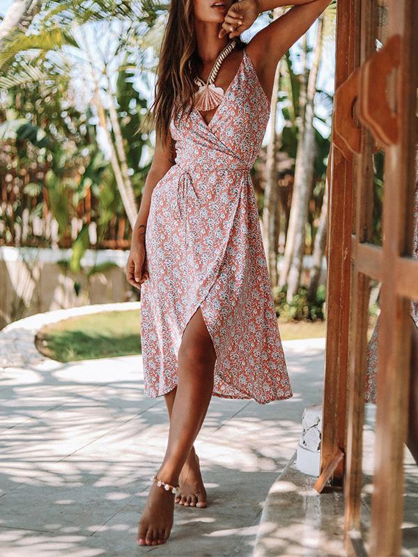 Vintage Summer Boho Print V Neck Backless Strap Midi Dress