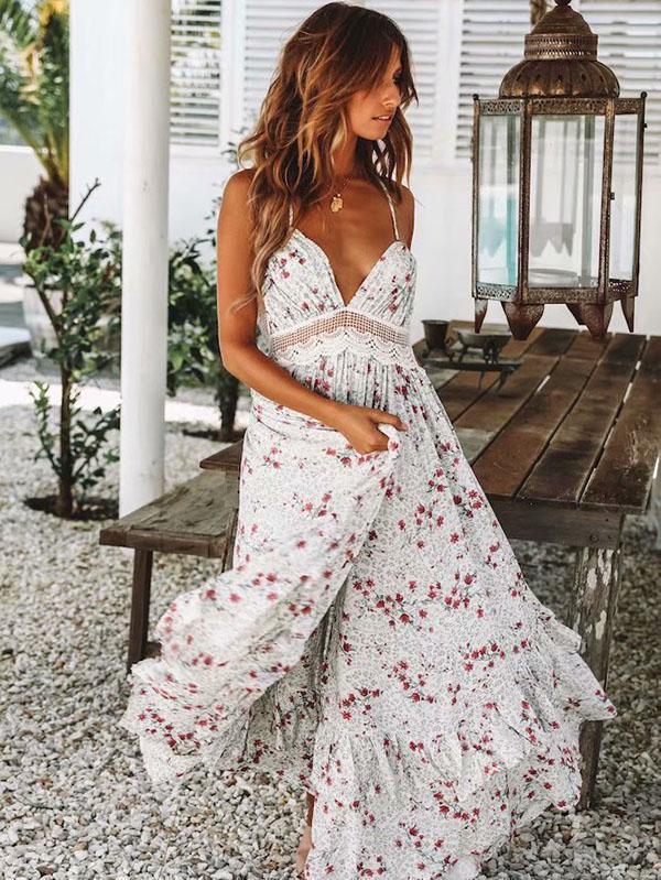 2018 Floral Spaghetti Strap Beach Dress