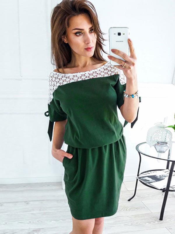 Lace Solid Color Pocket Midi Dress