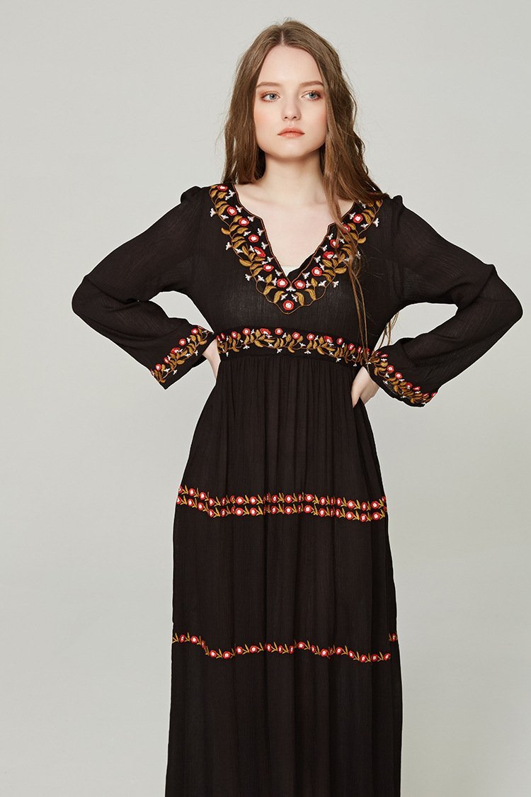 Elegant V Neck Long Sleeve Embroidered Bohemia Maxi Long Dress