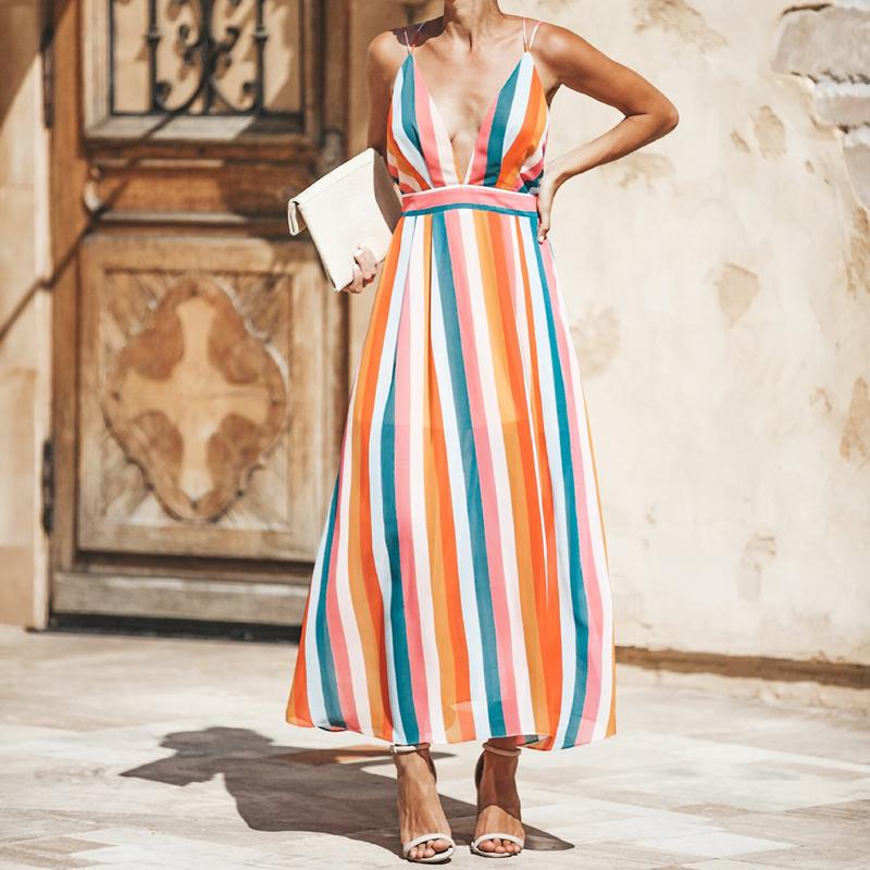 Colorful Striped Print V Neck Backless Sexy Long Dress