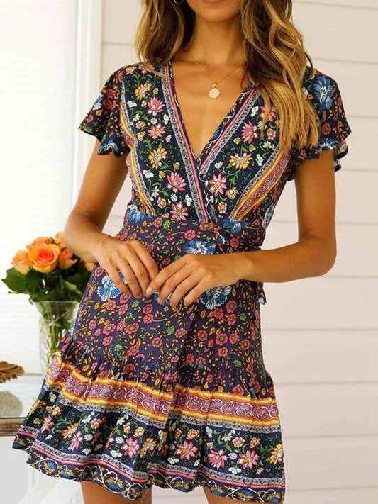 Spring Bohemian Beach Deep V-Neck Large Hem Print Dress