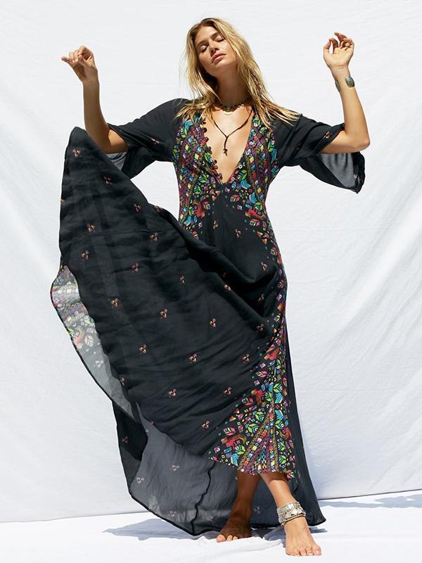 Print Deep V Neck Bohemia Beach Maxi Dress