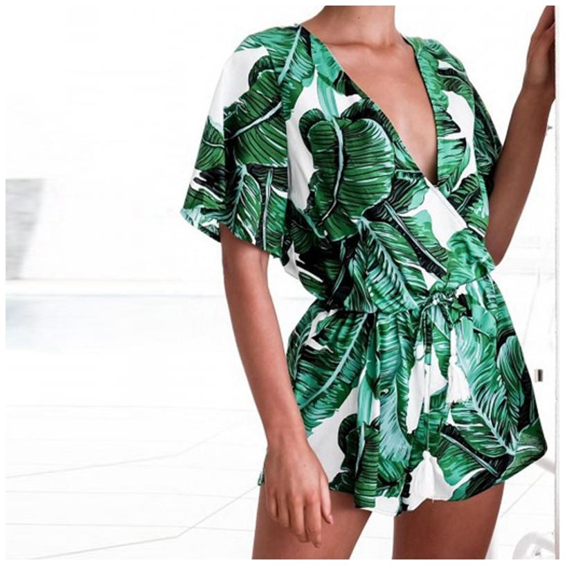 Green Leaves Tropical Floral Sleeves Fringes Bohemia Jumpsuit