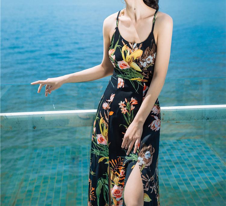 Sexy Floral Print Back Cross Split Beach Bohemia Maxi Dress