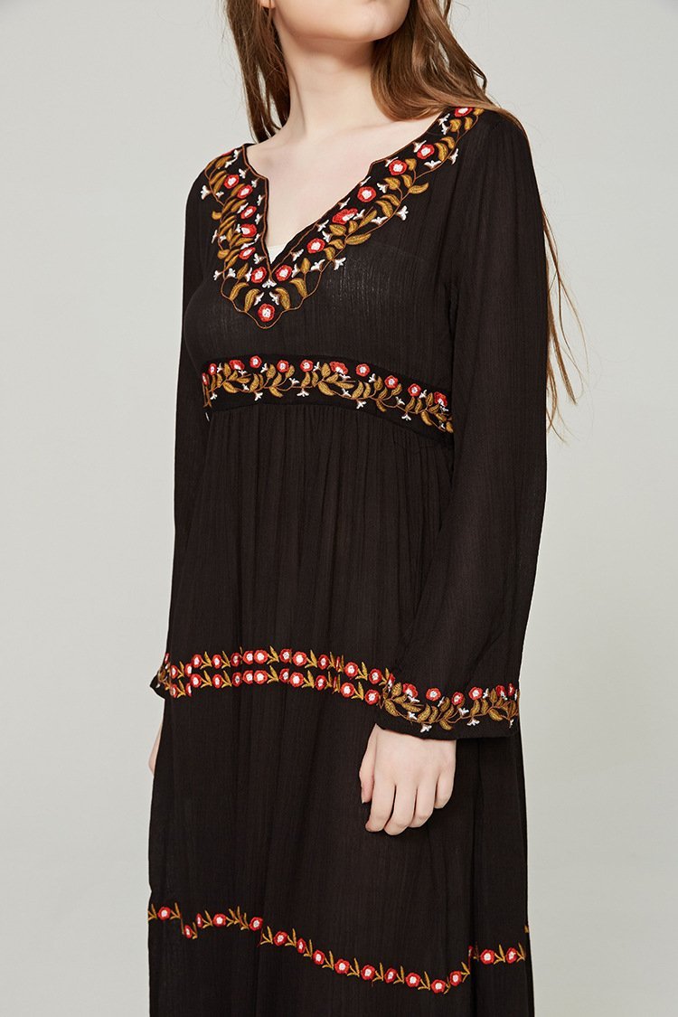 Elegant V Neck Long Sleeve Embroidered Bohemia Maxi Long Dress