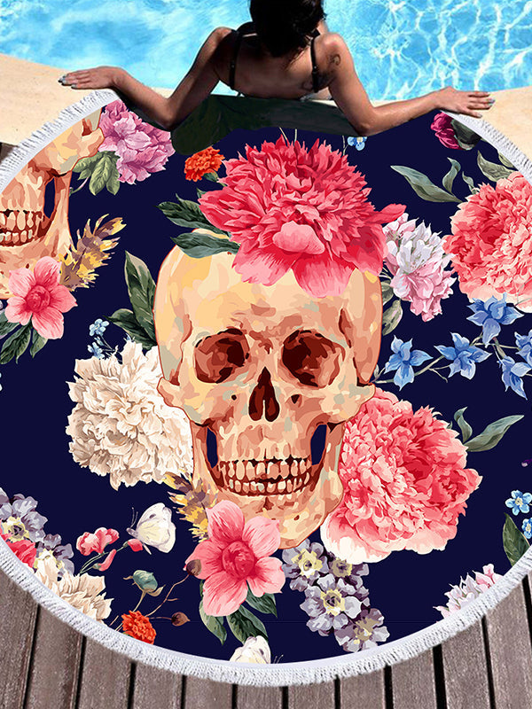 Boho Skull Floral Print Round Yoga Mat Print Tassel Summer Beach Towel