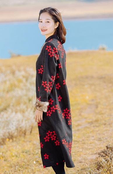 Chinese National Style Vintage Floral Long Woolen Outwear Coat