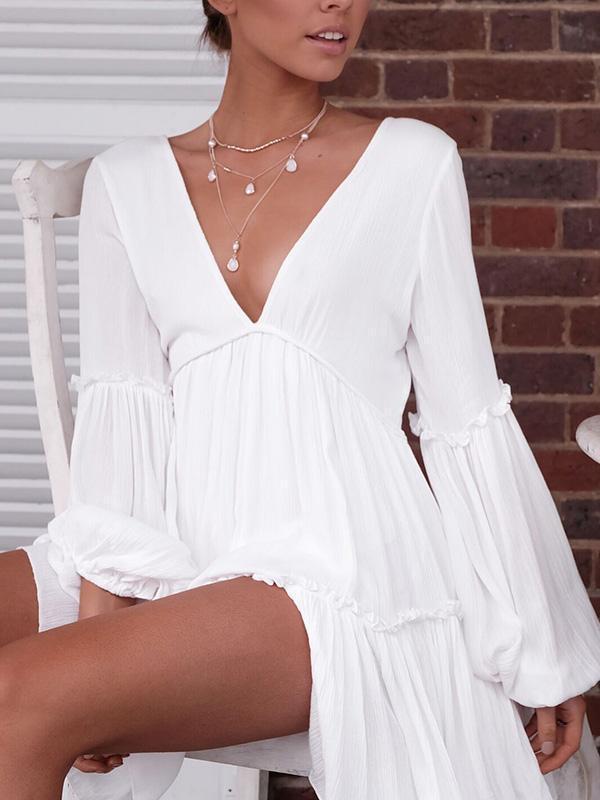 White Long Sleeve V Neck Beach Mini Dress