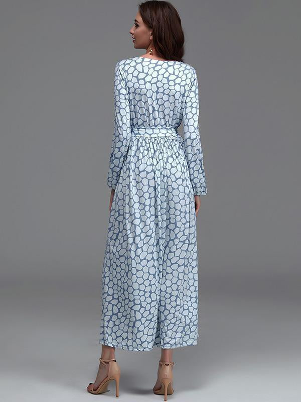 Print V Neck Belted Split Beach Maxi Dress