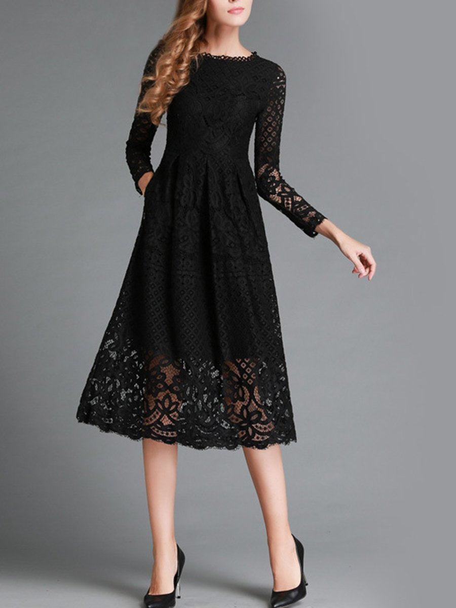 Lace Long Sleeve Hollow Pockets Dress