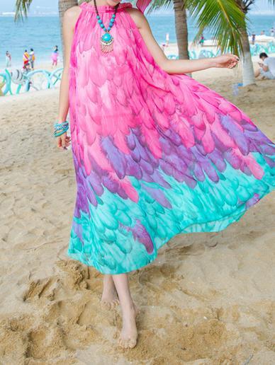 Chiffon Printed Sleeveless Plus Size Bohemia Beach Maxi Dress