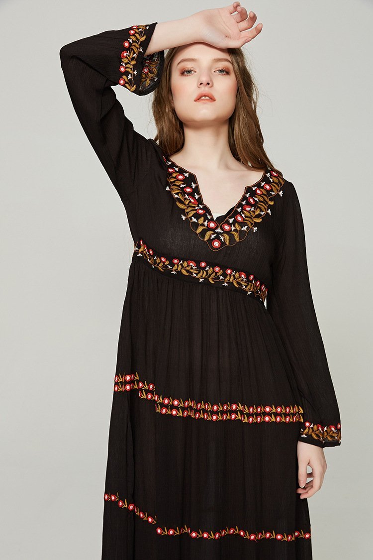 Elegant V Neck Long Sleeve Embroidered Bohemia Maxi Long Dress