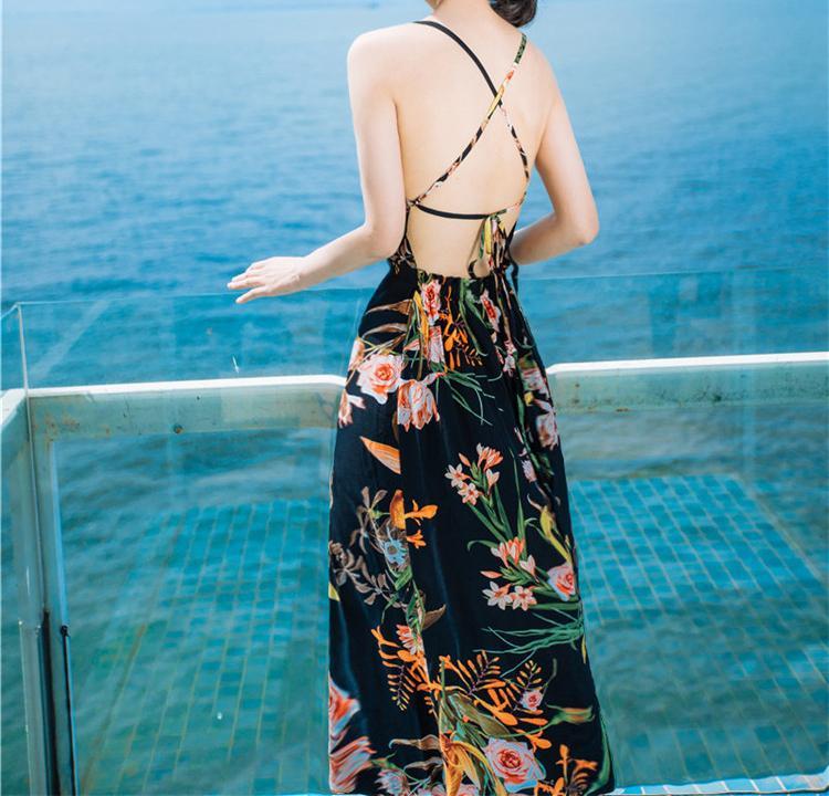 Sexy Floral Print Back Cross Split Beach Bohemia Maxi Dress