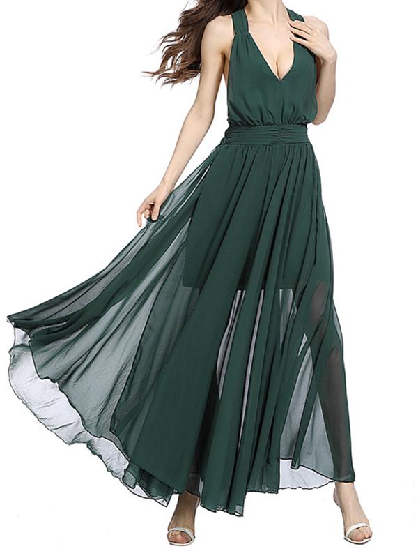 Hanging Neck Slim Dark Green Backless Sexy Big Swing Strap Beach Maxi Dress