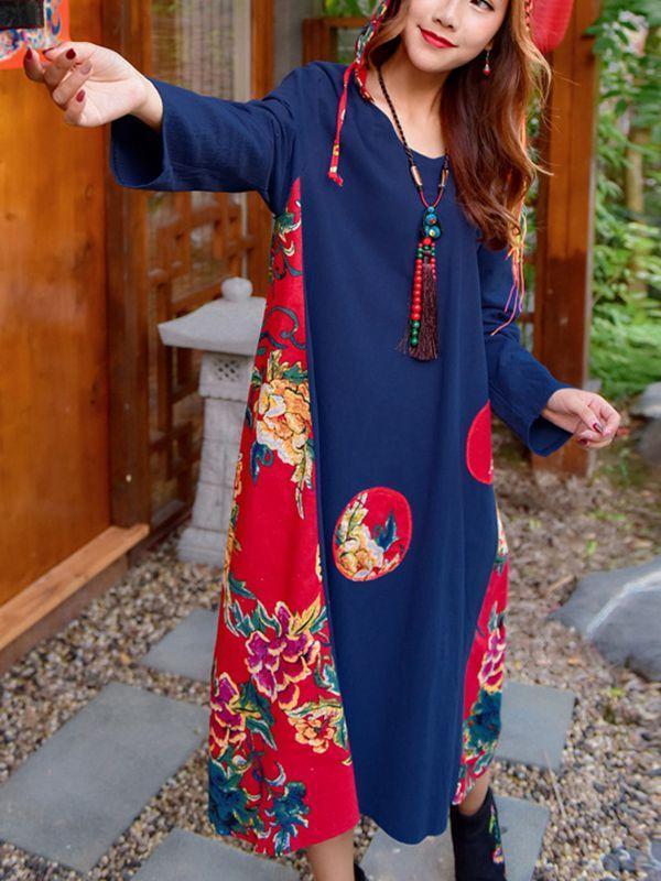 National Style Loose Print Cotton and Linen Hooded Dress